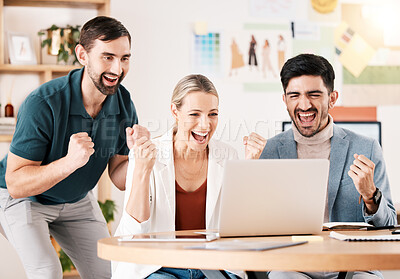 Buy stock photo Winner, laptop and team with excited fist for successful news on career deal or business reward. Motivation, happiness and celebration about job update with corporate workers in the office.