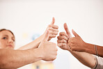 People with their thumbs up for success, achievement or agreement in a community support group. Closeup of friends in celebration of solidarity, commitment and teamwork in a mental health clinic.