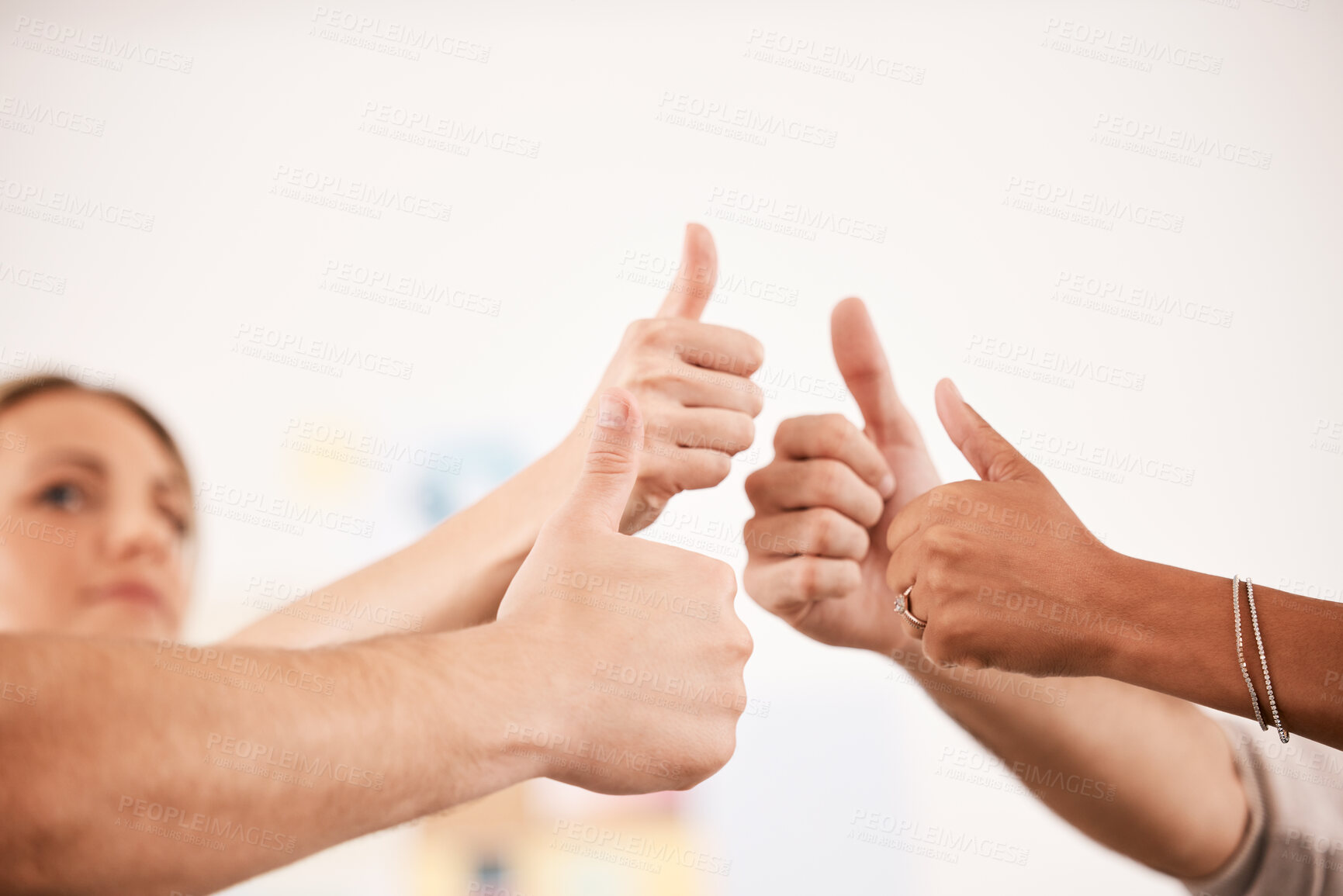 Buy stock photo People with their thumbs up for success, achievement or agreement in a community support group. Closeup of friends in celebration of solidarity, commitment and teamwork in a mental health clinic.