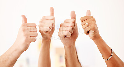 Buy stock photo Group thumbs up, vote or like hand emoji sign or gesture closeup on white wall mockup. Thank you, yes or support sign, icon or gesture for trust, agreement or social media review with mock up