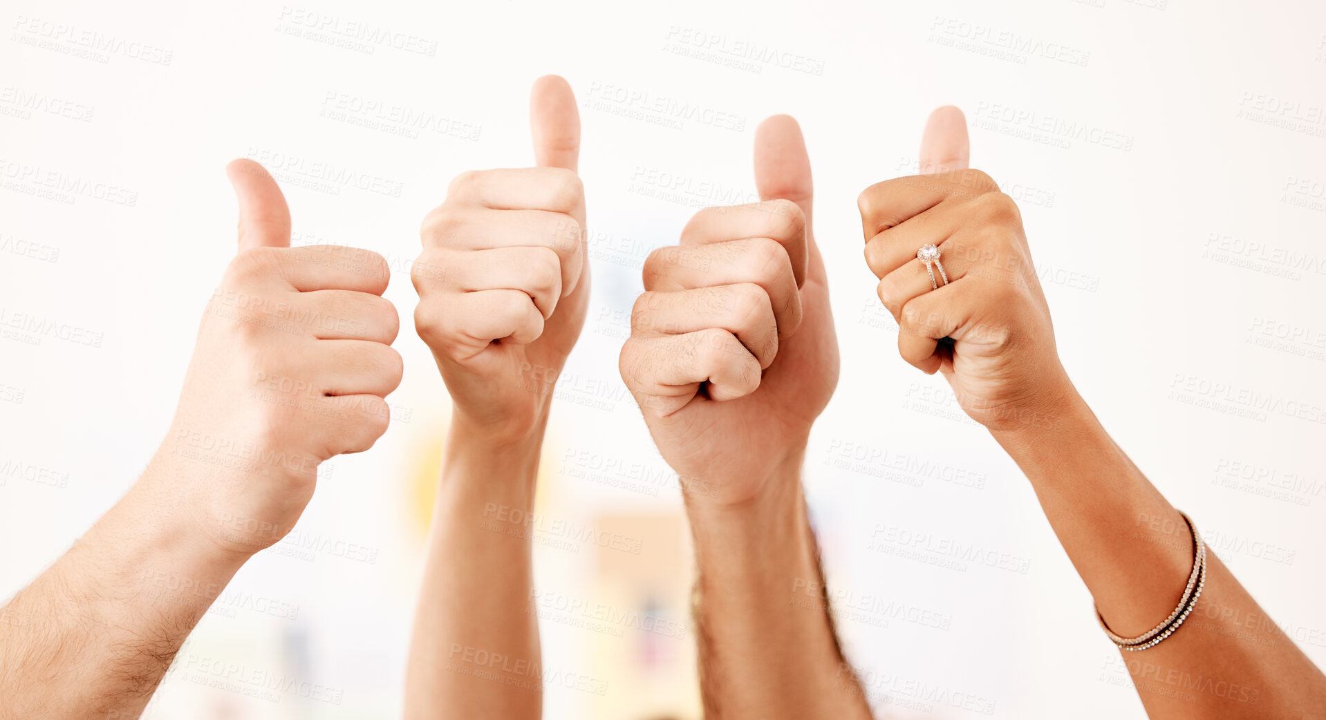 Buy stock photo Group thumbs up, vote or like hand emoji sign or gesture closeup on white wall mockup. Thank you, yes or support sign, icon or gesture for trust, agreement or social media review with mock up