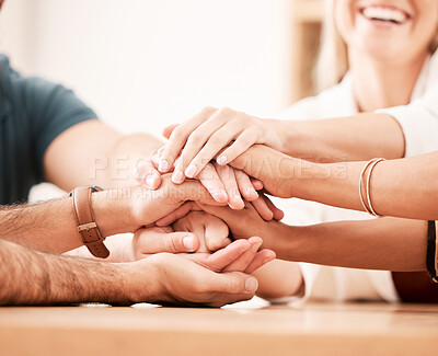 Buy stock photo Team hands in support and unity with diversity group of businesspeople in meeting in office. Motivation, trust and teamwork with business professionals success and target or goal together at work