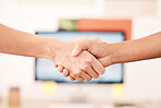 Handshake, welcome or thank you for contract deal for professional business partnership together. Strategy, goal and b2b collaboration with corporate team in an organised company meeting.