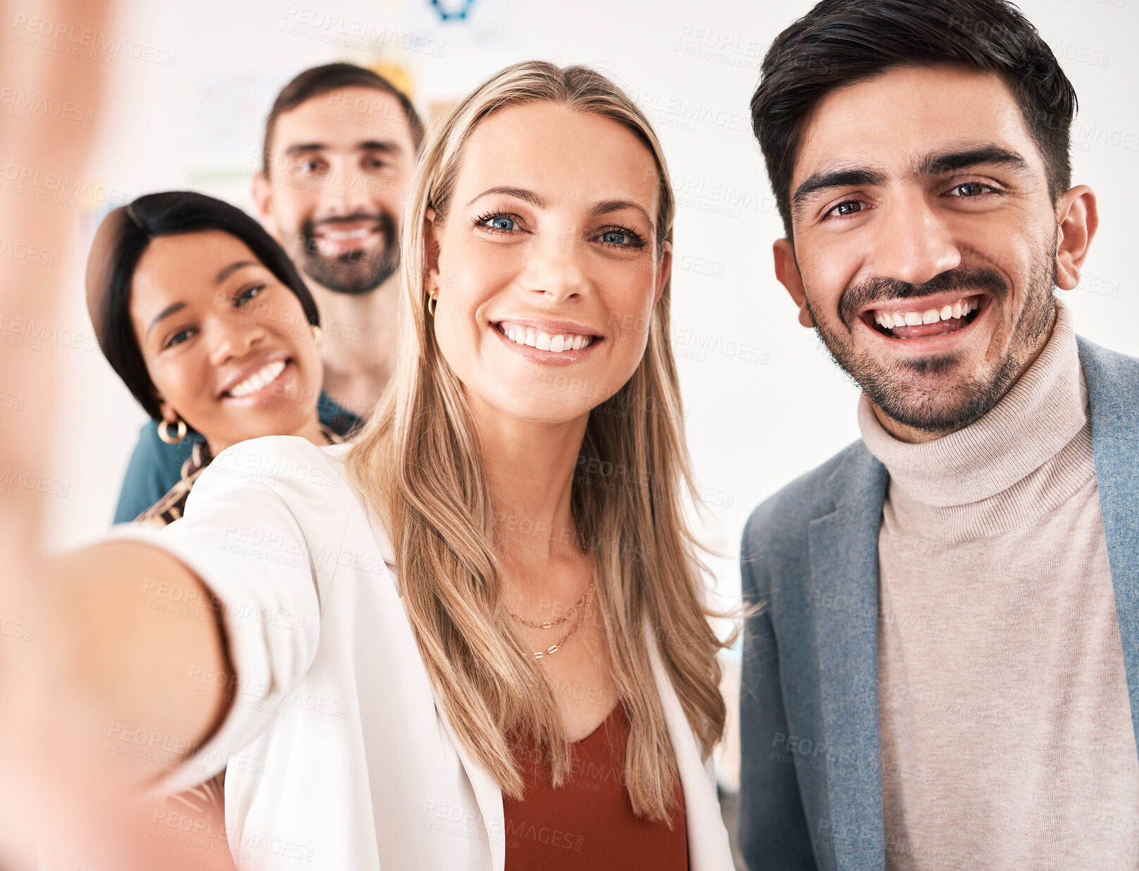 Buy stock photo Happy, motivation and selfie with office friends together for seminar or team building workshop. Business people with friendly, joyful and positive relationship for healthy workforce culture.