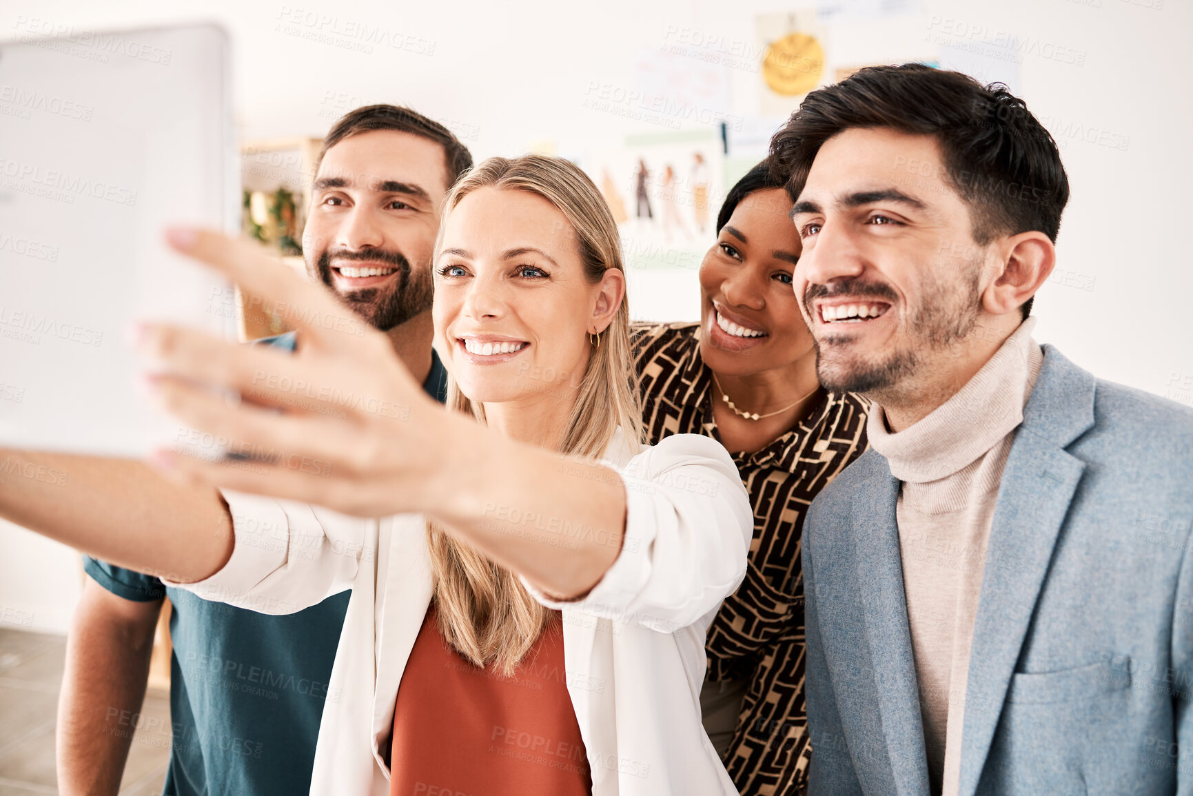 Buy stock photo Teamwork selfie, business people and staff posing for social media photo on tablet as happy, smile and successful collaboration in office agency. Friends, diversity staff and workers on video call