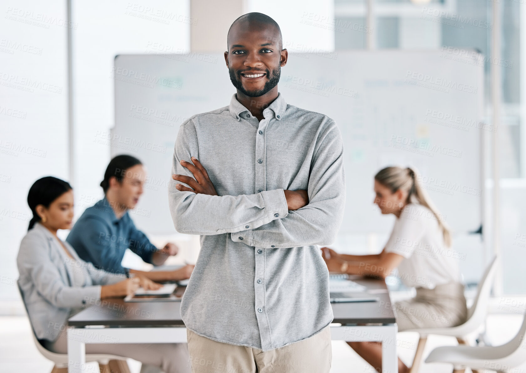 Buy stock photo Corporate manager in meeting, leadership of training workshop and coach in work conference at office. Portrait of happy, motivation and success leader of team with arms crossed in coaching seminar