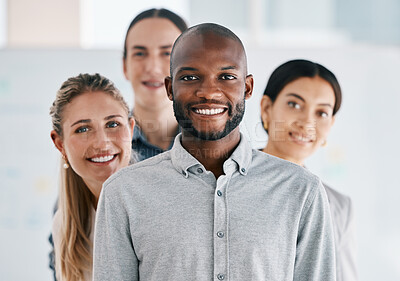 Buy stock photo Black man leader, teamwork portrait and collaboration, company vision and happy staff. Business people group, diversity workers and smile professional standing in unity, motivation and leader support