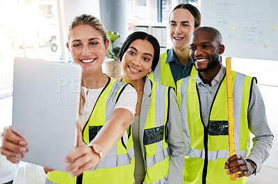 Buy stock photo Happy, architects and team selfie with tablet at the office in collaboration and teamwork success. Group of diverse professional people smile in architecture business together in social collaboration