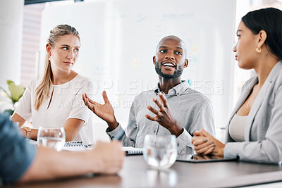Buy stock photo Leadership, business meeting and goals with employees listening to colleague in planning, strategy and conference. Support, motivation and project management with business people in office building