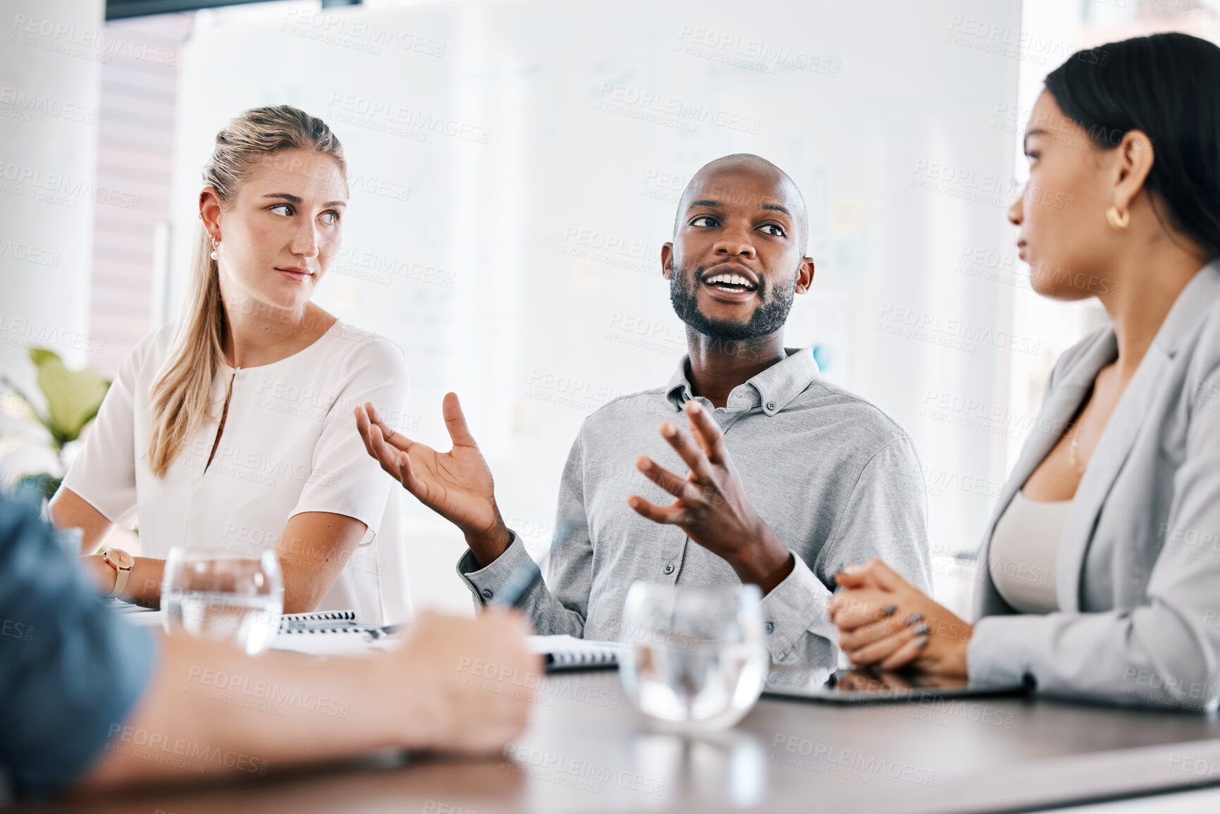 Buy stock photo Leadership, business meeting and goals with employees listening to colleague in planning, strategy and conference. Support, motivation and project management with business people in office building