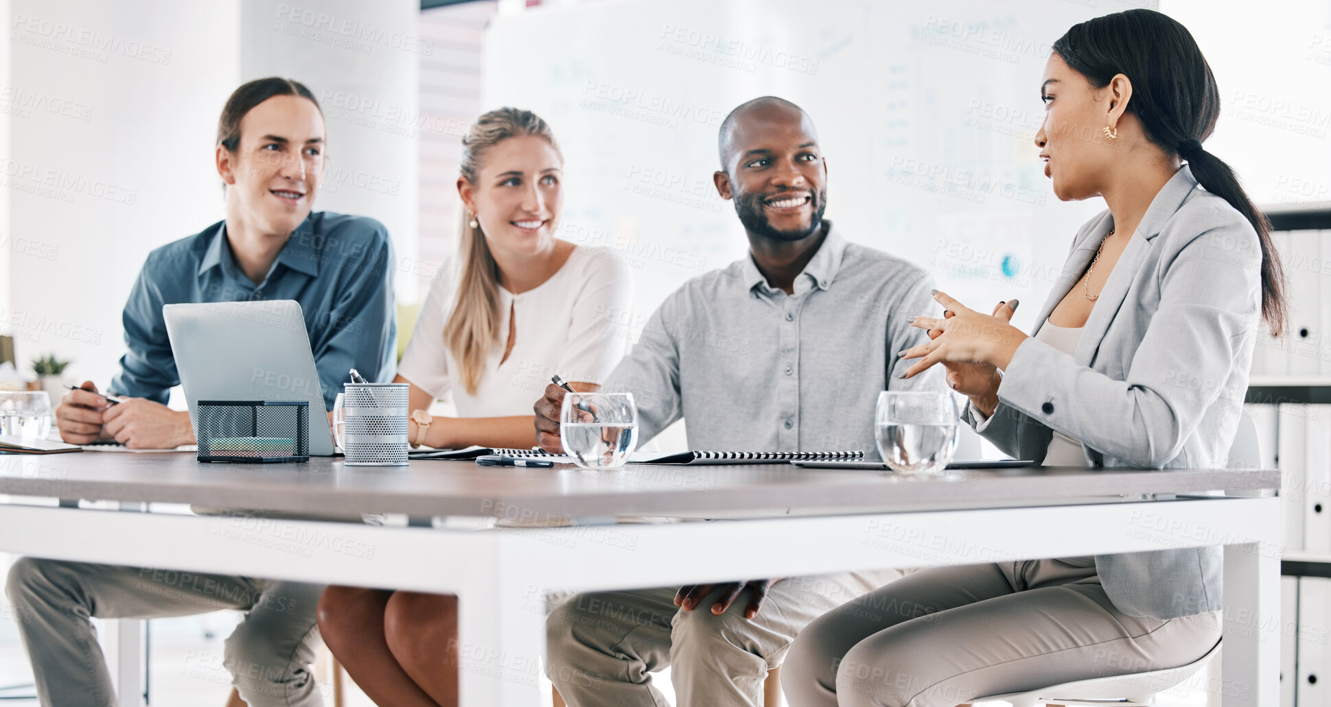 Buy stock photo Collaboration, communication and business meeting people with team manager discussion of finance project management or digital marketing planning. Group listening to leader woman talk of KPI review