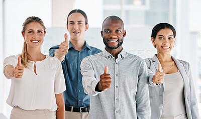 Buy stock photo Thumbs up, motivation and support team with diversity business people in collaboration for agreement for success. Group of men and women employees together for trust, yes or thank you hand gesture