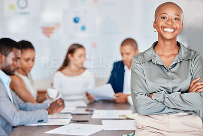 Buy stock photo Female leader, manager or CEO in a meeting with her team in the background to talk about the vision and mission for company growth or development. Portrait of a woman boss in a boardroom for planning