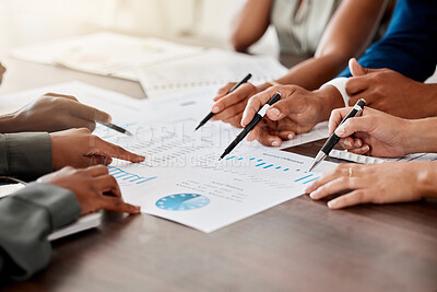 Buy stock photo Teamwork, collaboration and team hands writing and working on financial data, chart and graph. Finance, ecommerce and tax audit workers project planning on logistics notes and an accounting analytics