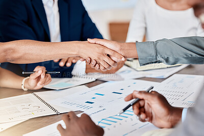 Buy stock photo Handshake, partnership and b2b deal with data analyst team discussing documents and infographics at a tablet. Welcome, thank you or agreement of corporate staff shaking hands for teamwork and support