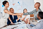 Partnership handshake, b2b client contract success or deal of business diversity and office team. Thank you, welcome or agreement gesture of happy corporate staff clapping at crm teamwork support