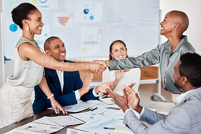 Buy stock photo Partnership handshake, b2b client contract success or deal of business diversity and office team. Thank you, welcome or agreement gesture of happy corporate staff clapping at crm teamwork support