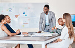 Presentation or business people planning in a meeting and working in an office together. African American accountant talking company growth strategy with a corporate team discussing data and graphs