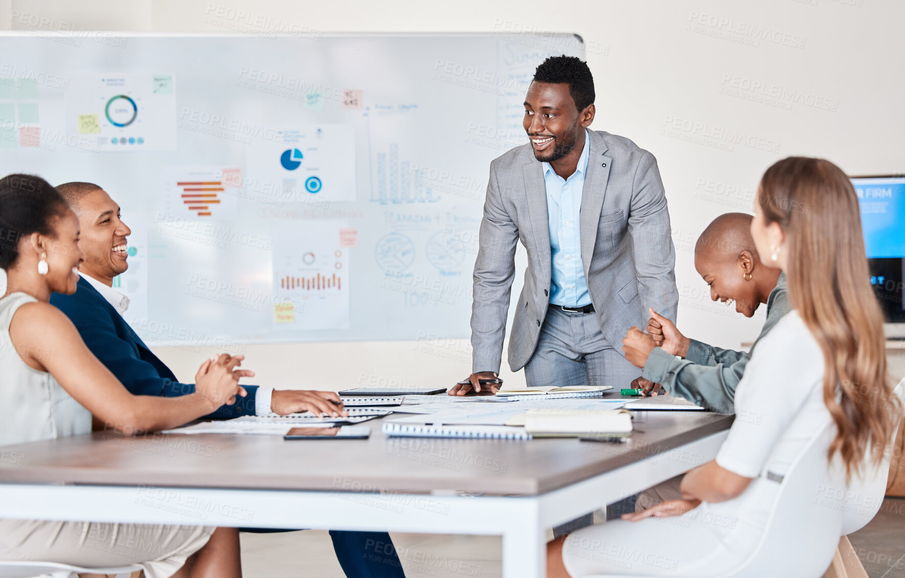 Buy stock photo Presentation or business people planning in a meeting and working in an office together. African American accountant talking company growth strategy with a corporate team discussing data and graphs