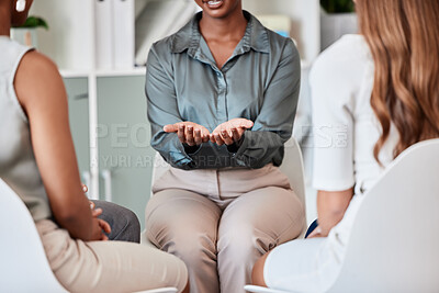 Buy stock photo Support group, therapy and help from business woman, counselor or therapist coach in counseling meeting. Palm of psychologist hands, safety and team trust circle workshop for open group communication