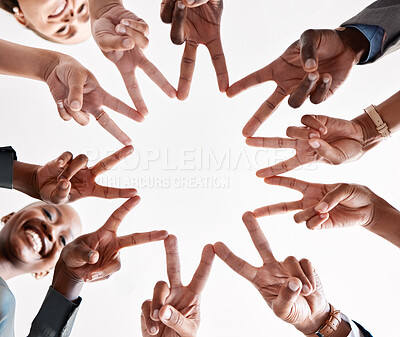 Buy stock photo Teamwork, collaboration and star hand sign of business people for goal, mission and achievement success. Group diversity hands together with v sign or peace symbol for unity, trust and support below