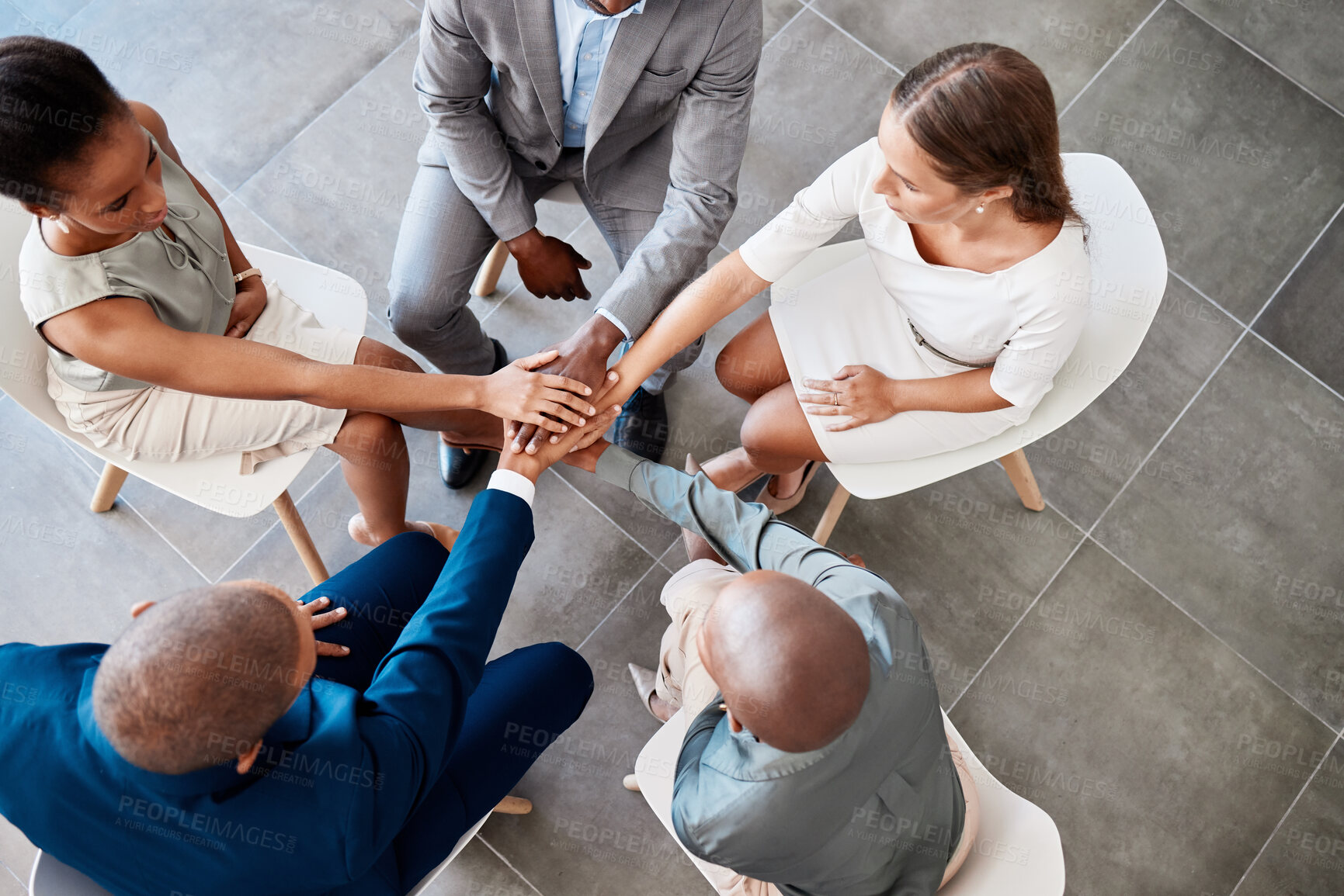 Buy stock photo Hands, teamwork and business people with trust, support and mindset mission for company goal in office. Business meeting, strategy and growth with startup company employee in collaboration.