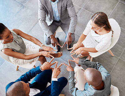 Buy stock photo Star hand, teamwork and collaboration of business people for mission, goal or success from above. Corporate team, diversity or group support, trust or motivation in solidarity, unity or union.


