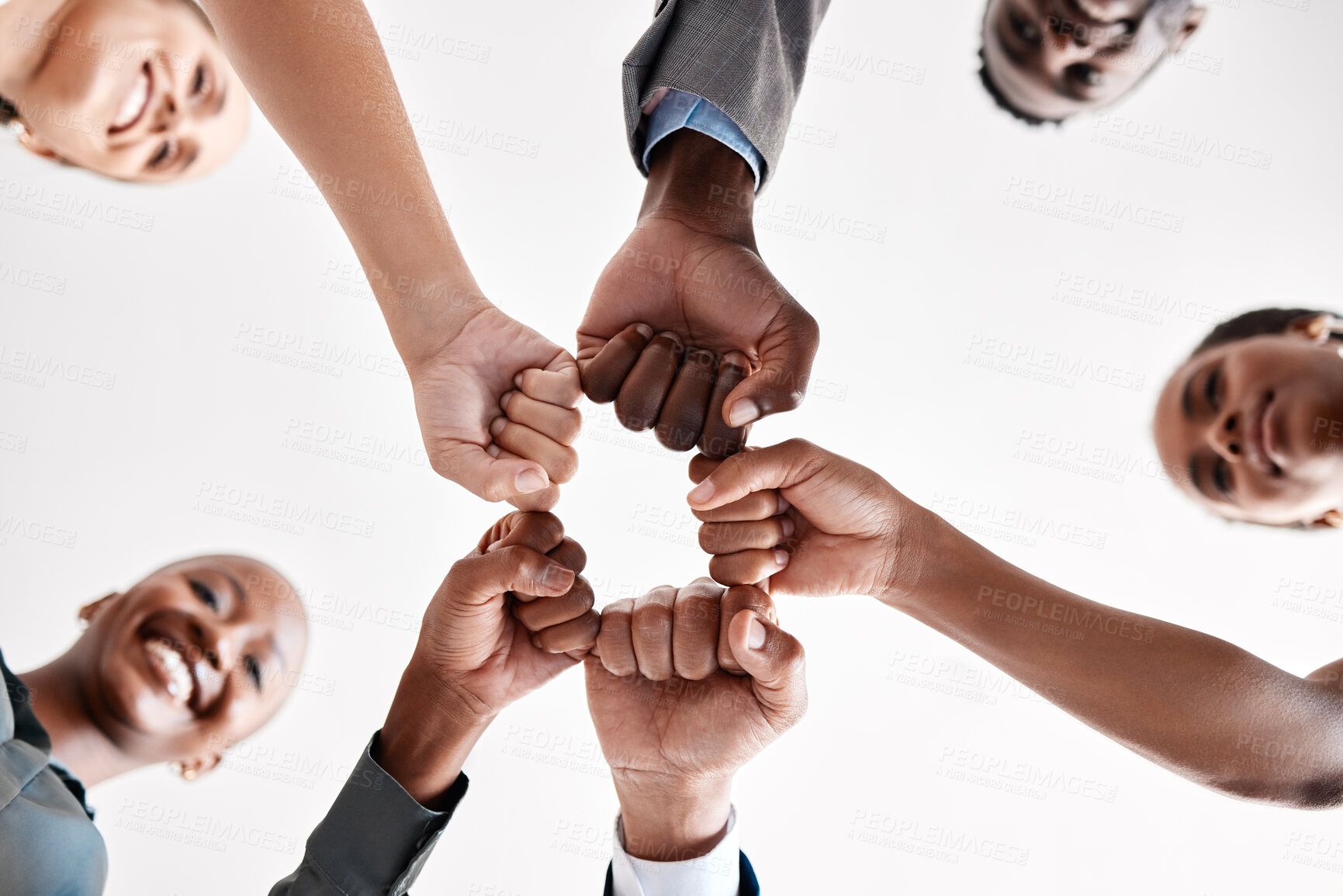 Buy stock photo Diversity, hand, or fist group of business people trust, unite and support at work. Below view of happy corporate professional team hands touching showing success and collaboration in startup office