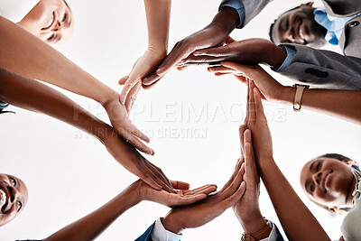 Buy stock photo Diversity, circle hands and teamwork collaboration for success goal, and motivation and global company innovation. Zoom of business people, women and men workers in community group, support or trust