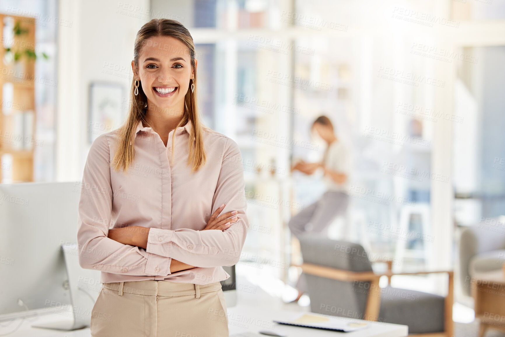 Buy stock photo Happy, business leader and woman with a smile in success with crossed arms in a light office. Portrait of a professional and confident white female employee in leadership and management at a company