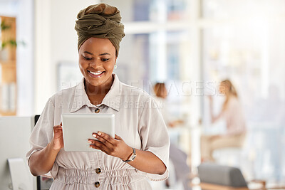 Buy stock photo Business woman, tablet and typing report in the office about positive employee review feedback. Corporate lady feeling hope, motivation and happy with helpful guidance for improvement in work. 