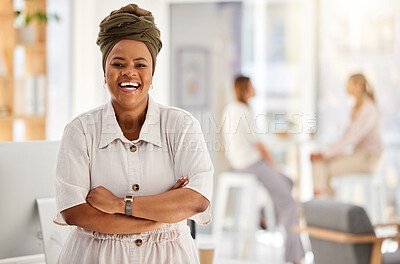 Buy stock photo Business woman, manager and boss happy working at a startup marketing company, leadership of office employees and smile at agency. Portrait of African worker with arms crossed in work office