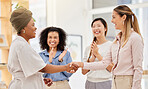 Handshake, promotion or welcome, happy business women meeting in office. Success, teamwork and empowerment in diversity, black woman shaking hands with lady manager after interview, contract or deal.