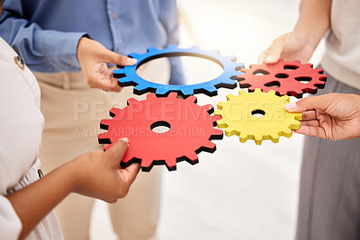 Buy stock photo Business, collaboration and gears for strategy success and team unity and support for a project. Hands of a group of corporate employees with a common goal in a partnership for innovation
