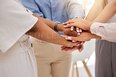 Buy stock photo Teamwork, collaboration and motivation business people hands in office together with lens flare. Group hand for goal, community together for team project or company growth mission and trust at work