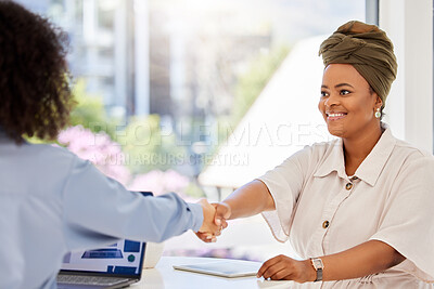 Buy stock photo Handshake, thank you or crm business women shaking hands after success deal, welcome or hiring an employee during interview. Office colleagues celebrate a partnership, agreement or promotion

