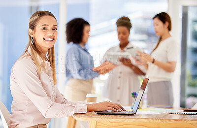 Buy stock photo Business woman, portrait and typing on laptop at diverse corporate office workplace desk. Beautiful, professional and attractive girl writing idea on tech keyboard in coworking company.