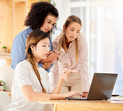 Buy stock photo Business women team, laptop planning and ideas, strategy and job research in startup agency. Diversity employees in focus, project collaboration and meeting proposal working online, internet and web