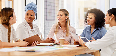 Buy stock photo Marketing strategy, business women and collaboration teamwork in inclusive office room with diversity empowerment. Smile, happy and motivation people in communication, meeting and designer innovation