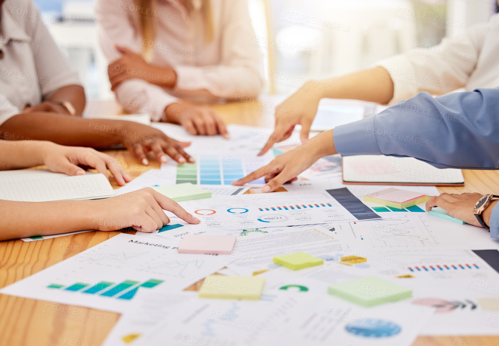 Buy stock photo Teamwork, collaboration and financial analysis by business people reading document and data reports in corporate office. Team discussing and planning company development and growth strategy together