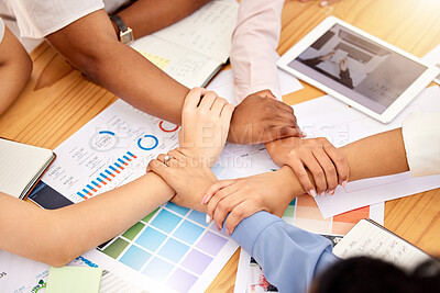 Buy stock photo Team hands with teamwork, work support and community of office collaboration with project data. Working business team making hand circle to show corporate commitment, company unity and staff people 