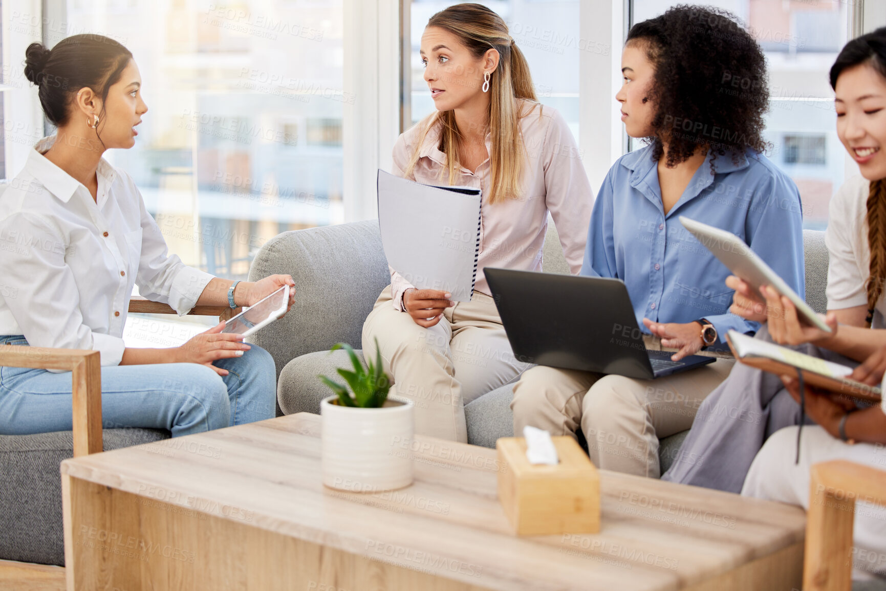 Buy stock photo Women teamwork, collaboration and business team working on a digital marketing project. Corporate staff meeting of web sale strategy and logistics planning together in a office using technology