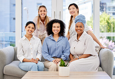 Buy stock photo Diversity, teamwork and success with business women on sofa together in office building. Vision, collaboration and team building portrait of happy group of people for mission, community and support 