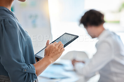 Buy stock photo Business woman hands, digital tablet and planning ideas in office for strategy, blank screen and wifi connection in modern office. Employee closeup, 5g technology and online project on tech web apps