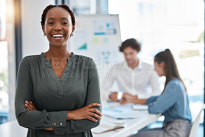 Buy stock photo Portrait of a happy woman standing in a corporate office during a team analysis meeting. Black professional businesswoman discussing and analyzing a creative project in the company conference room.