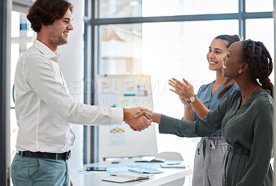 Buy stock photo Handshake, welcome and thank you with business people in teamwork, collaboration and communication in office. Success, b2b partnership and trust or happy business, shaking hands and corporate meeting