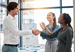 Diversity B2B collaboration and business people handshake for promotion, congratulation on company innovation, or success with applause. Black woman manager shaking hands of man for thank you gesture