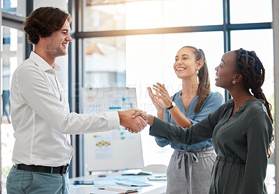 Buy stock photo Diversity B2B collaboration and business people handshake for promotion, congratulation on company innovation, or success with applause. Black woman manager shaking hands of man for thank you gesture