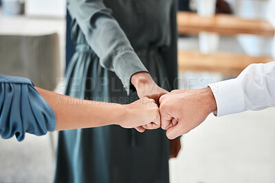 Buy stock photo Teamwork group, motivation and collaboration fist bump for trust, goal and success support. Closeup workers hands, team building and growth commitment mission, winner vision and solidarity together