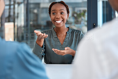 Buy stock photo Black manager, advisor or coach during business meeting while talking, speaking and explaining strategy or vision in office. African american woman planning and discussing collaboration with her team